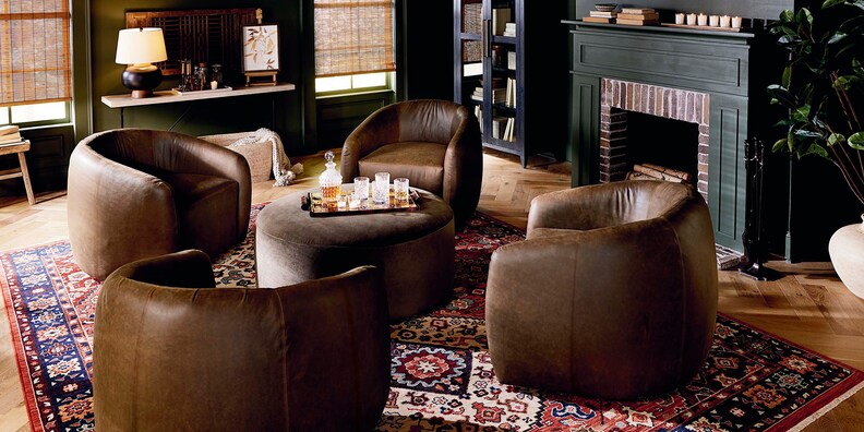 Leather Swivel Barrel Chairs Brown Tufted Faux Leather Barrel