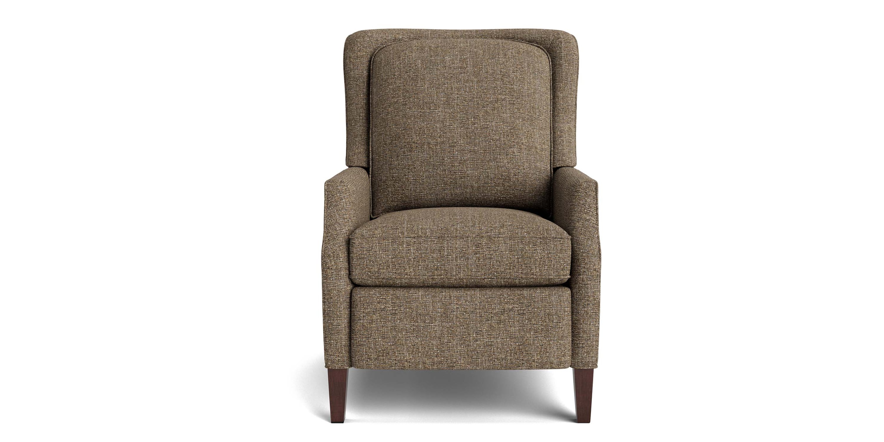 Brown upholstered recliner chair on a white background.