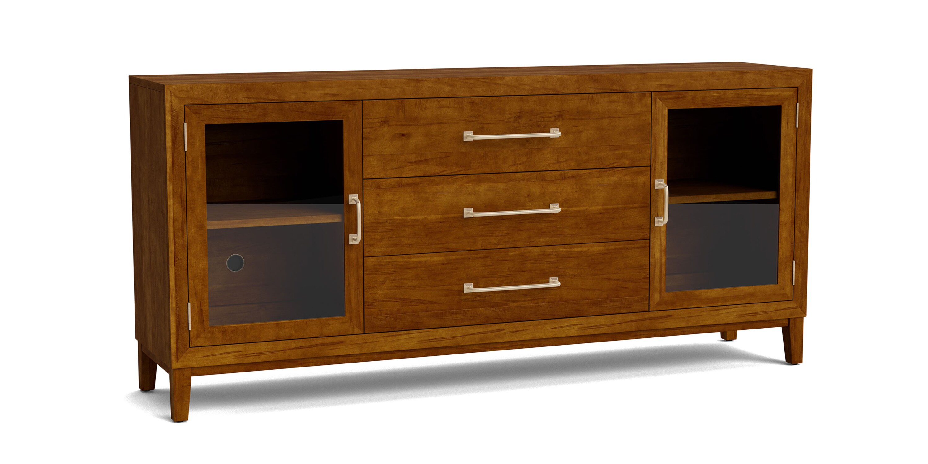 A wooden sideboard with two open cabinets and three drawers.