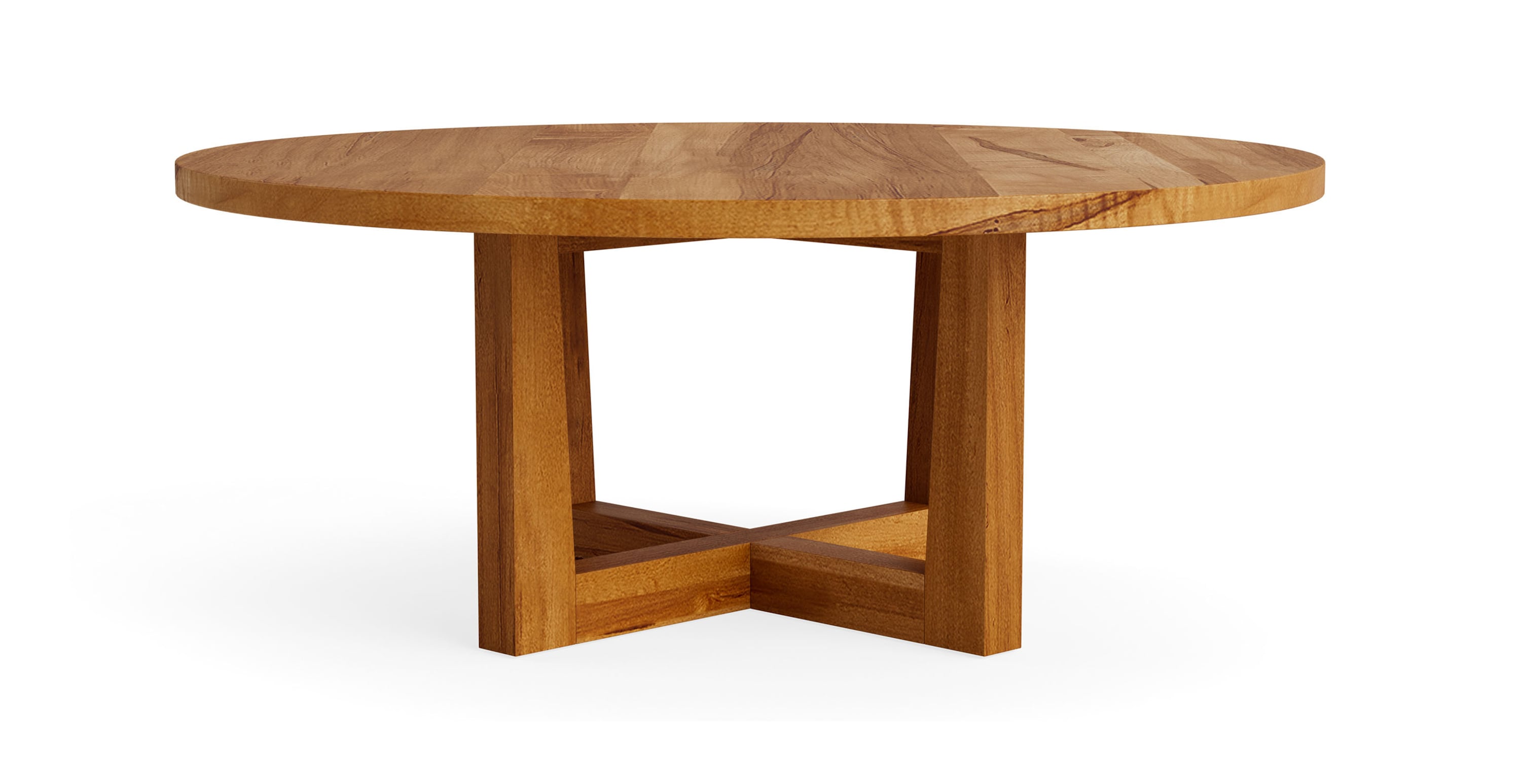 Round wooden cocktail table with thick, natural wood top and trestle base.