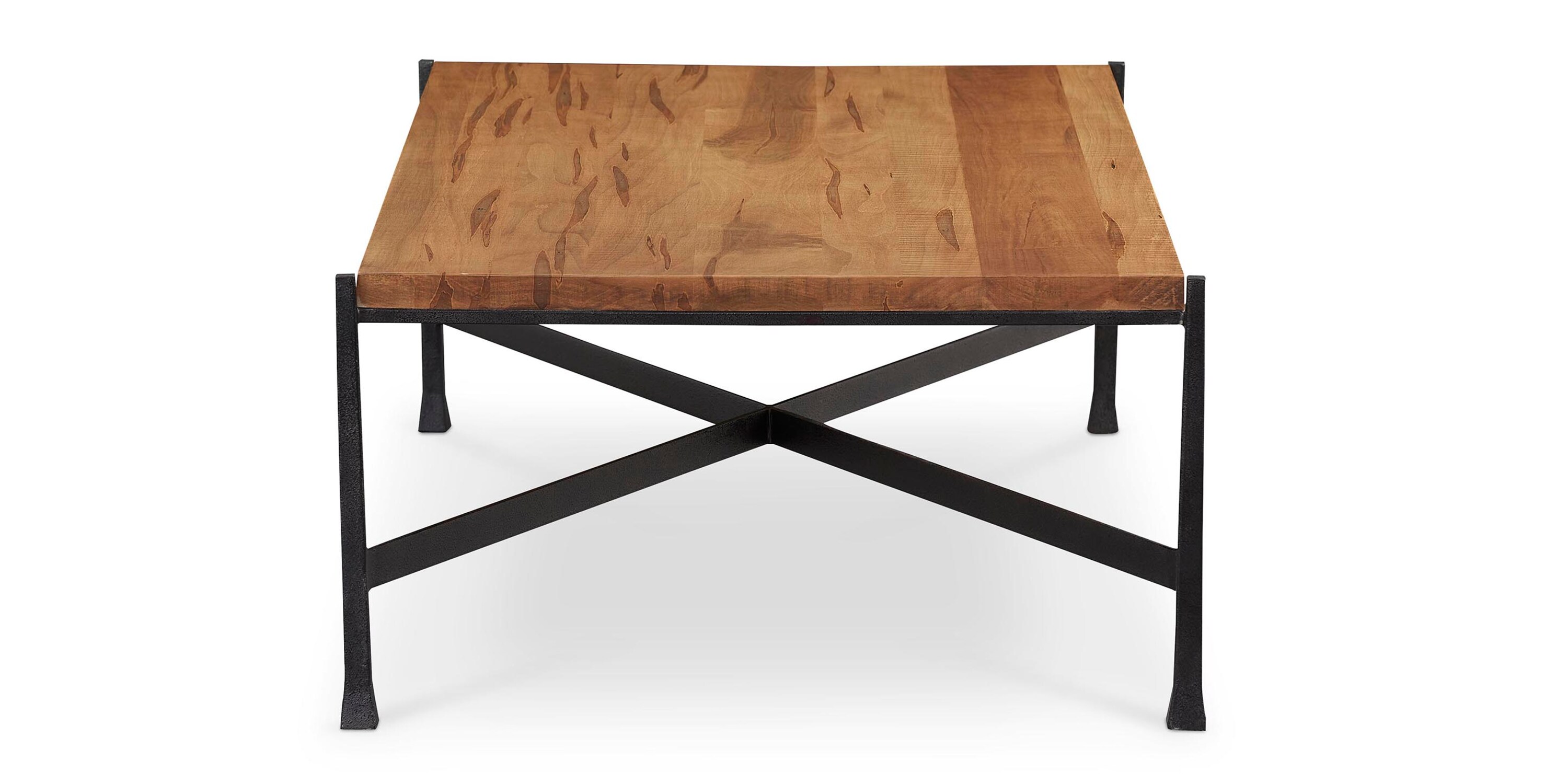 Rectangle cocktail table with wood top and black metal base on a white background.
