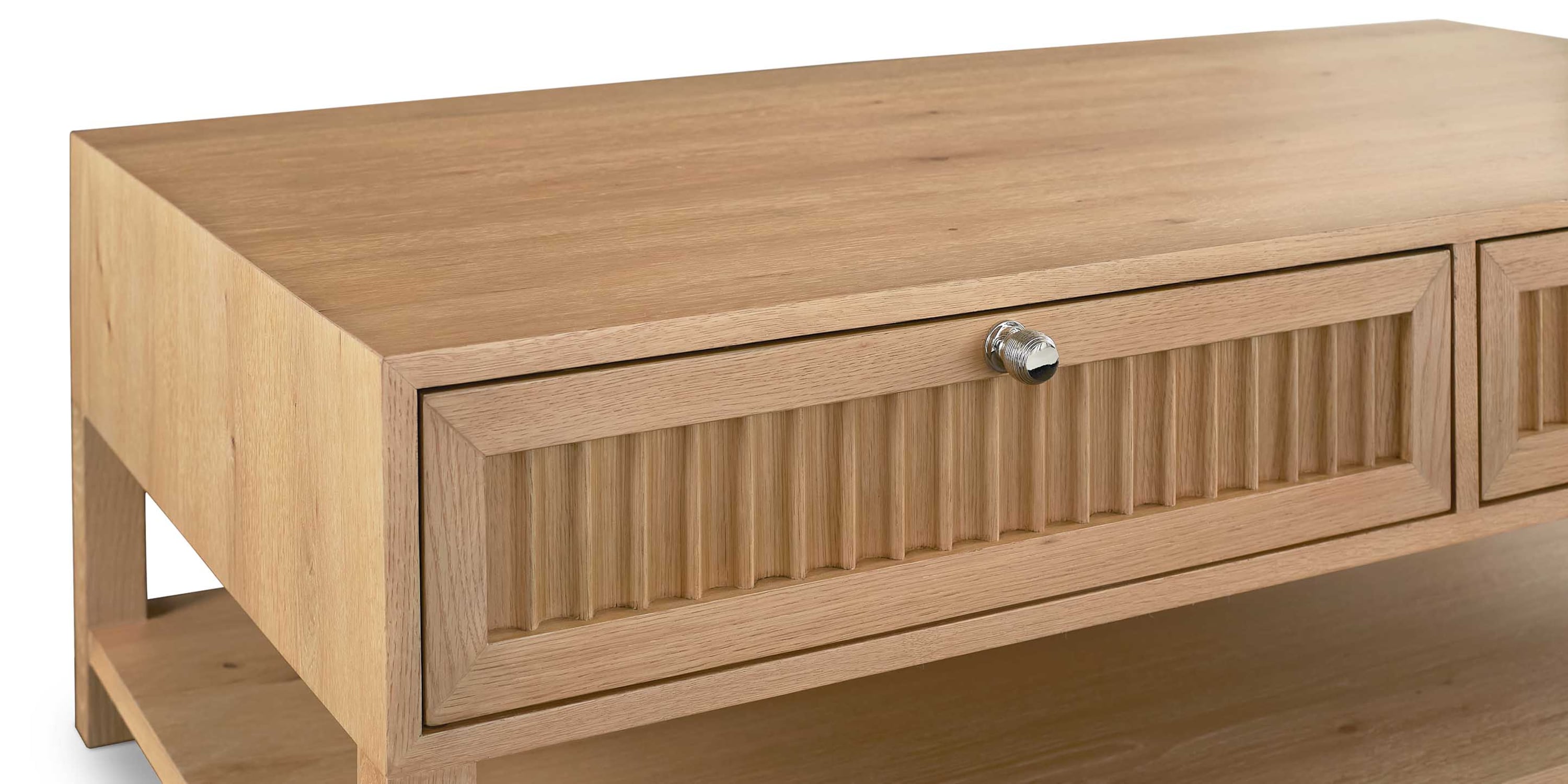 Ribbed drawer cocktail table showing a drawer detail.