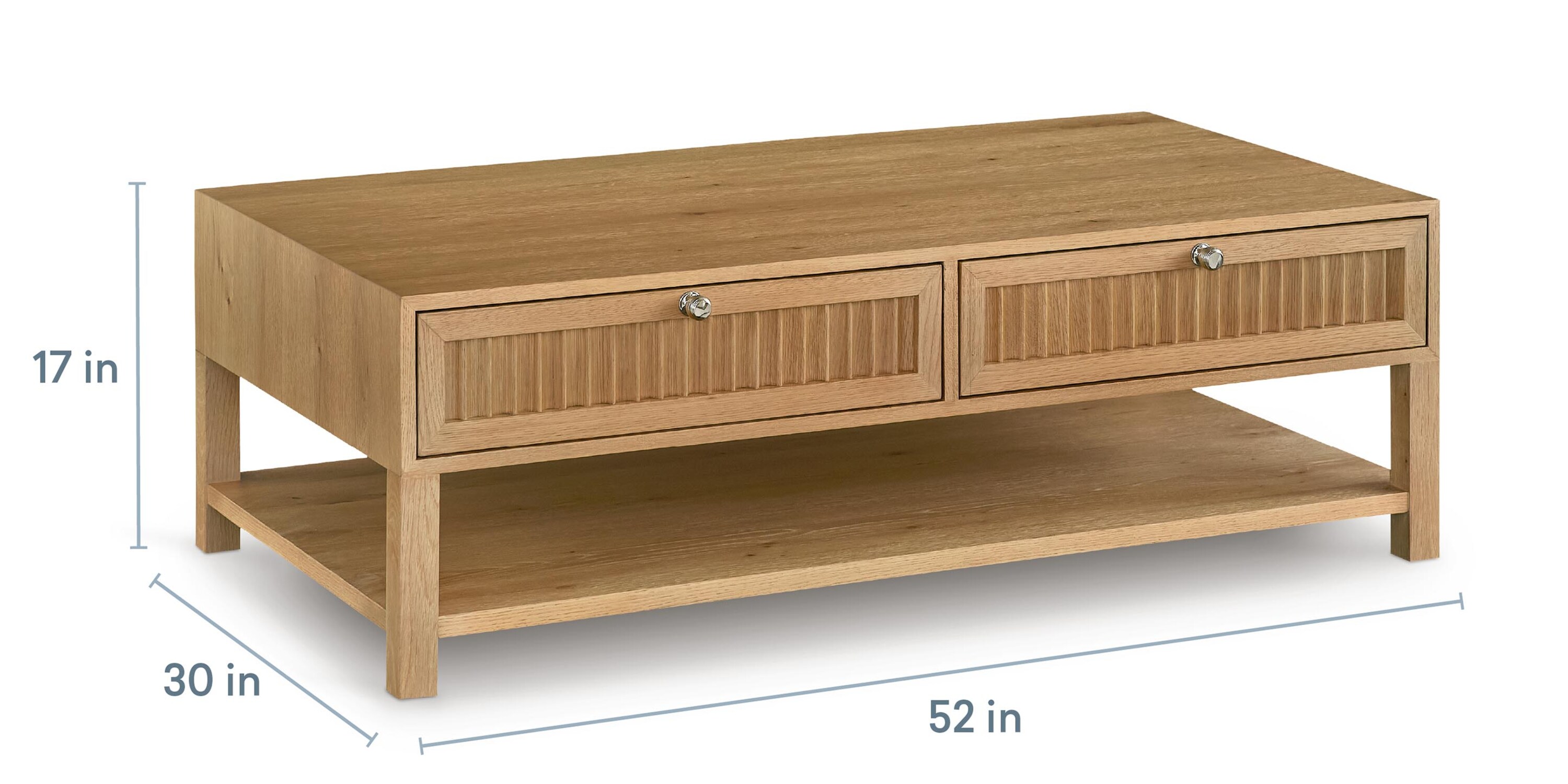 Dimensions of the ribbed drawer cocktail table: 17 in height, 30 in width, and 52 in length.