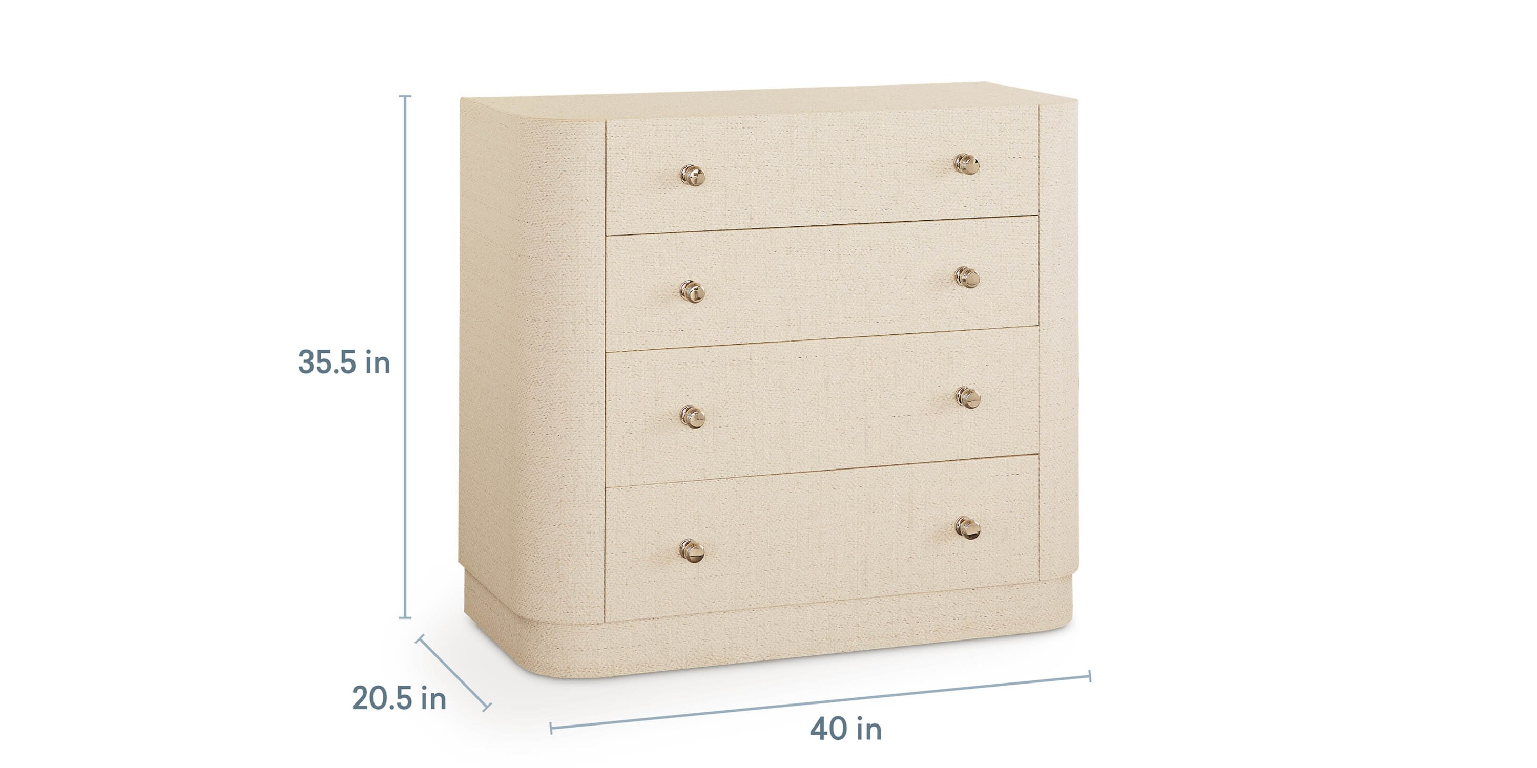 Dimensions of the four-drawer accent chest: 35.5 in high, 20.5 in deep, and 40 in wide.