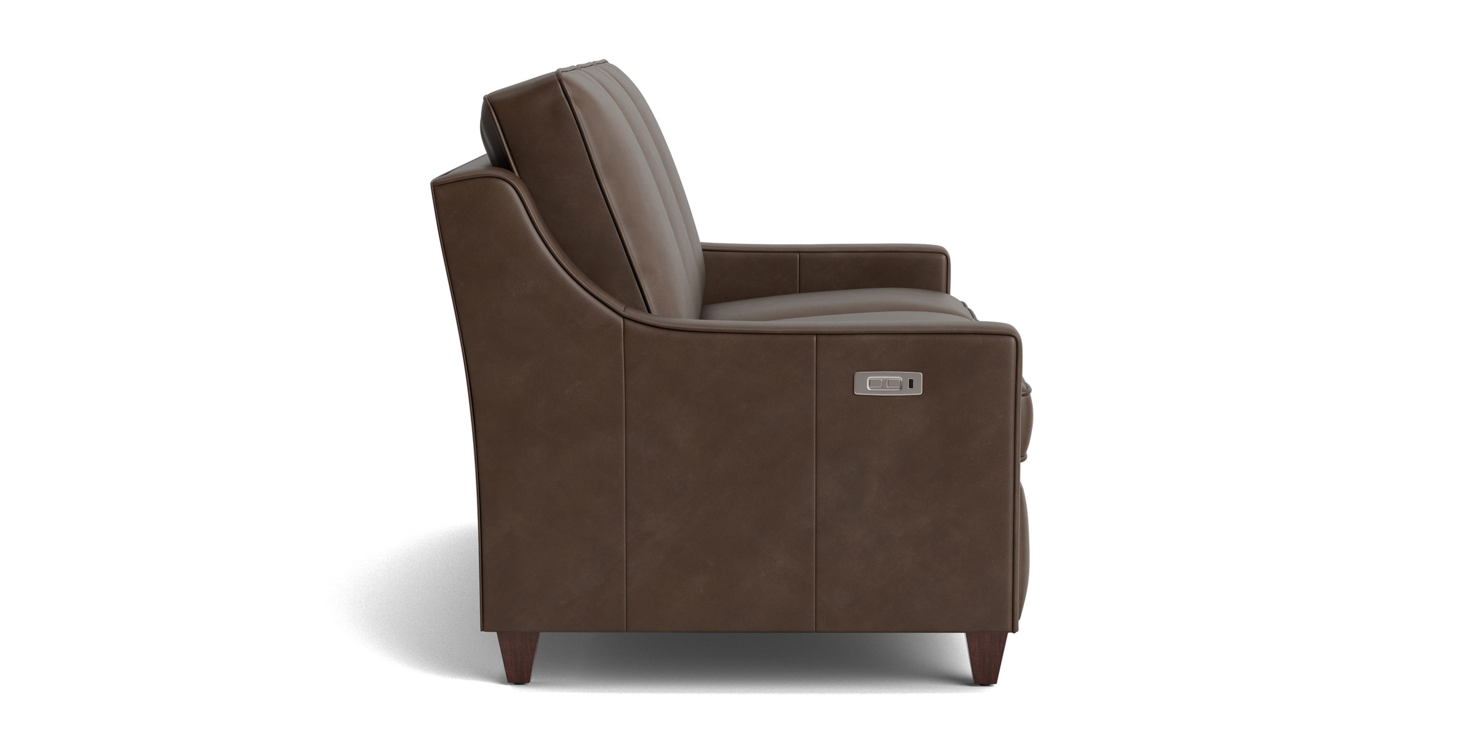 Side view of a dark brown leather reclining sofa.